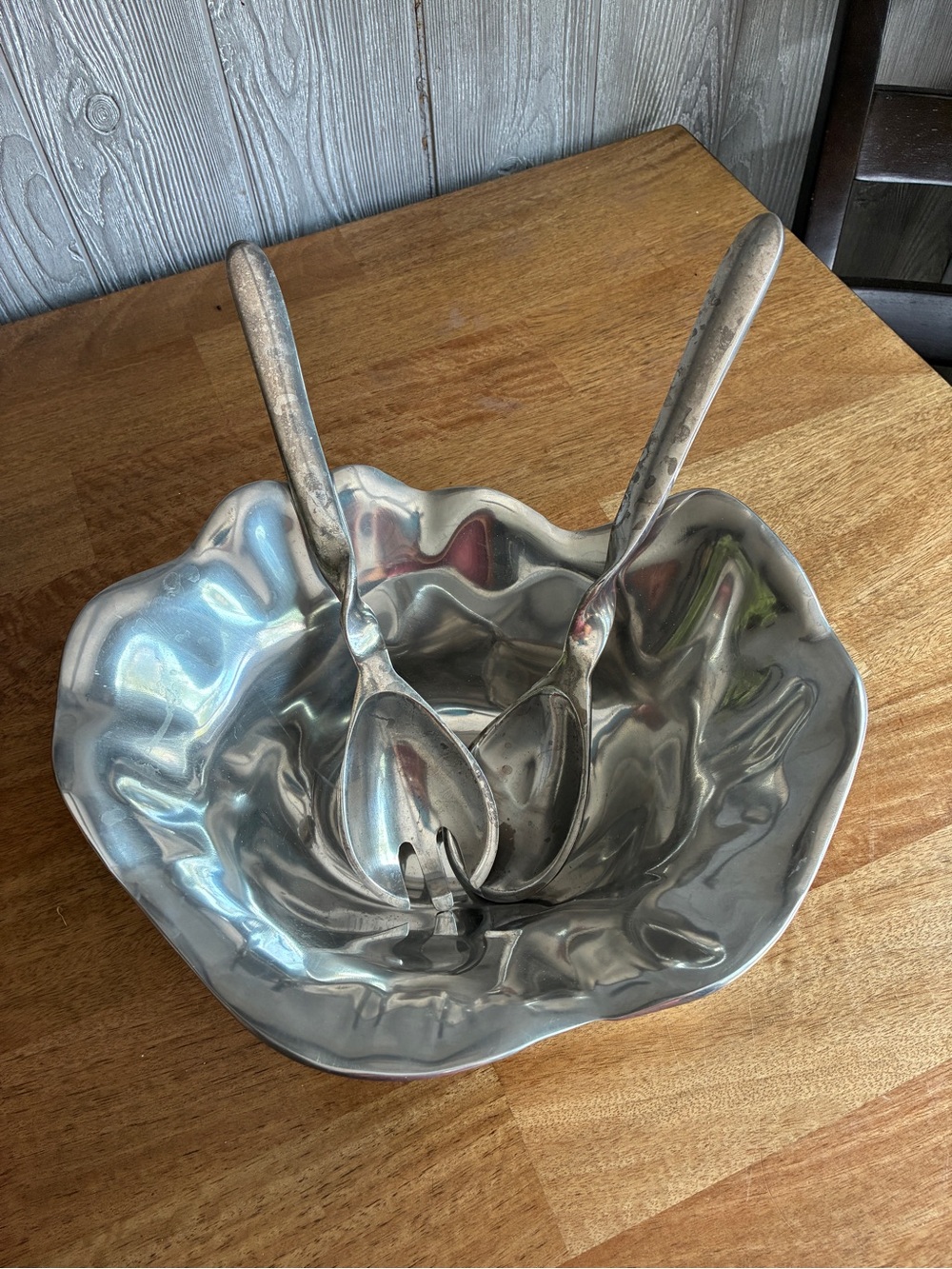 Silver Aluminum Serving Bowl with Matching Salad Servers
